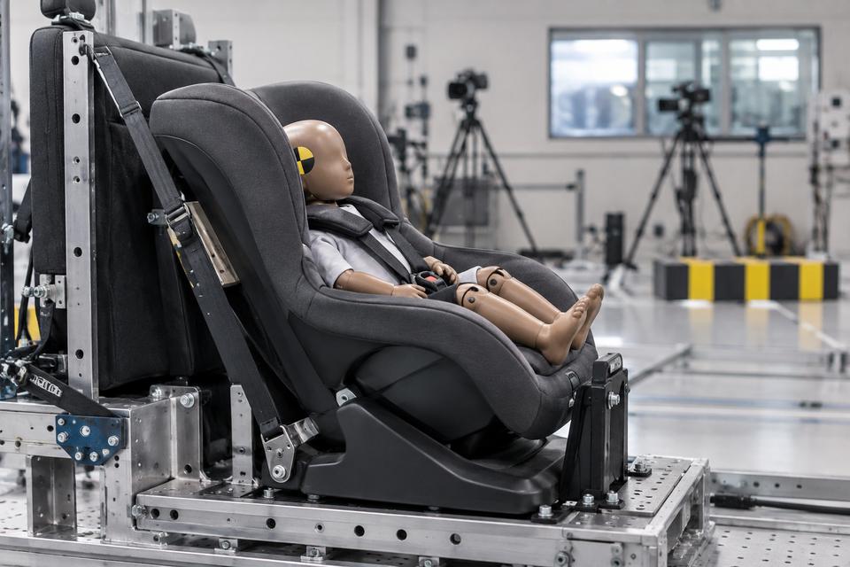 Umærket bagudvendt autostol med testdukke monteret på en testslæde i et sikkerhedslaboratorium