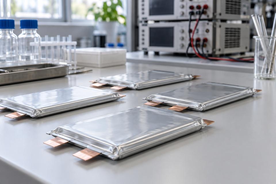 Flade sølvfarvede battericeller på et lyst laboratoriebord