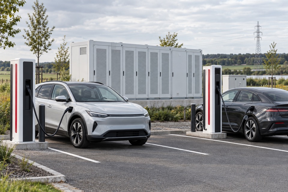 Elbiler ved lynladere foran et stort batterilager