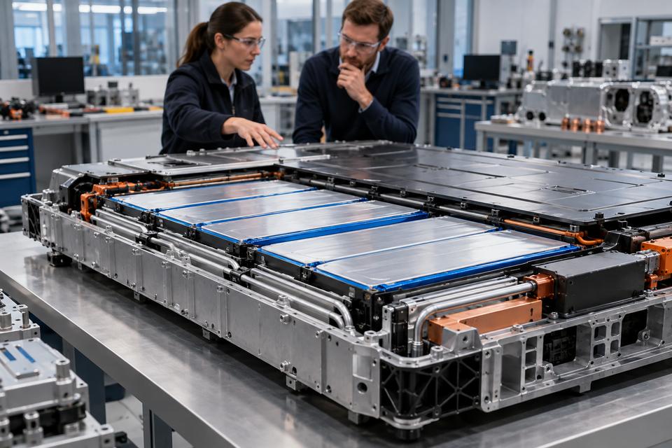 Generisk batteripakke med flade celler undersøges af to ingeniører i et laboratorium