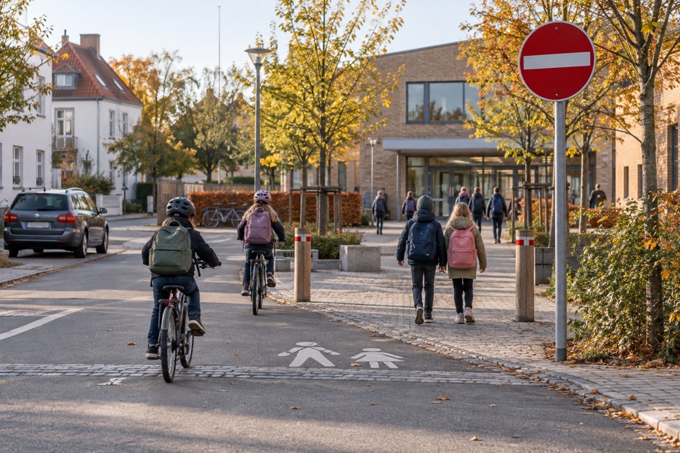 Skolebørn går og cykler gennem en bilbegrænset gade ved en skole