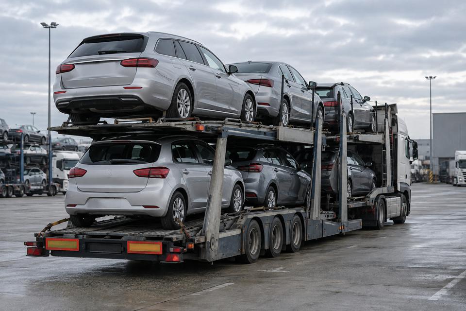 Biltransporter med personbiler på en asfalteret transportplads