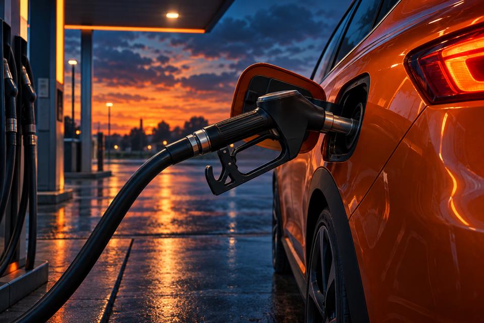 Brændstofpistol i tankåbningen på en orange bil
