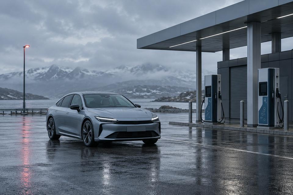 Generisk brintbil ved en tom tankstation i et nordisk landskab