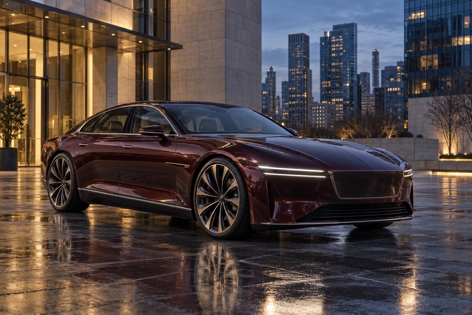 Bordeauxrød elektrisk grand tourer foran moderne bygninger i New York ved skumring
