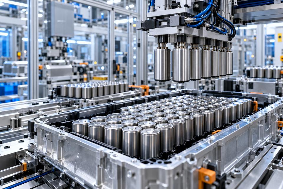 Cylindriske battericeller placeres automatisk i et umærket batterihus på en moderne produktionslinje
