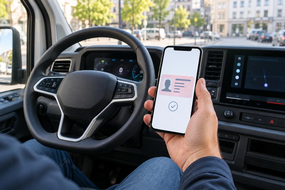 Fører i en parkeret elektrisk varebil viser et generisk digitalt kørekort på en telefon