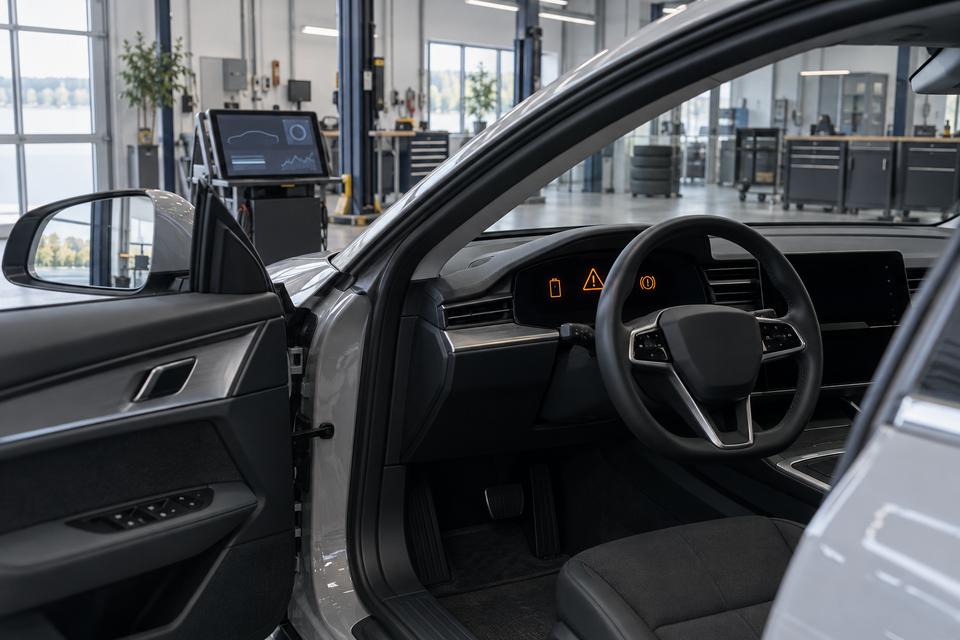 Generisk elbil på et moderne værksted med gule advarselssymboler i instrumenthuset