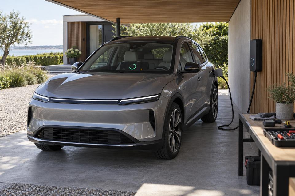 Generisk elbil til opladning i en dansk carport med et enkelt advarselssymbol på skærmen