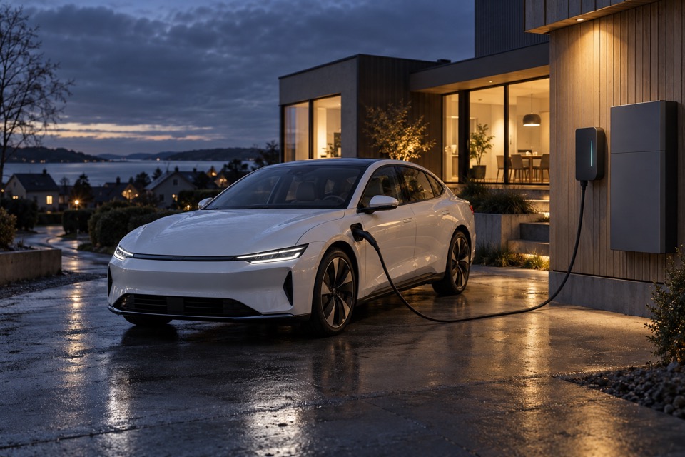 Hvid elbil forbundet med lader og batteri ved et moderne hus