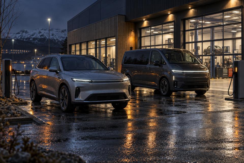 Umærket elektrisk SUV og elektrisk minibus foran et nordisk værksted