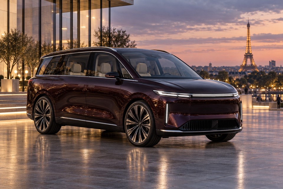 Stor mørkerød umærket elektrisk familie-MPV på en plads i Paris ved skumring