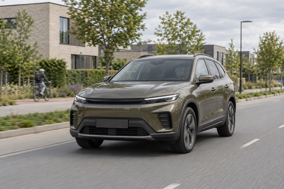 Olivenfarvet elektrisk familie-SUV på en dansk bygade