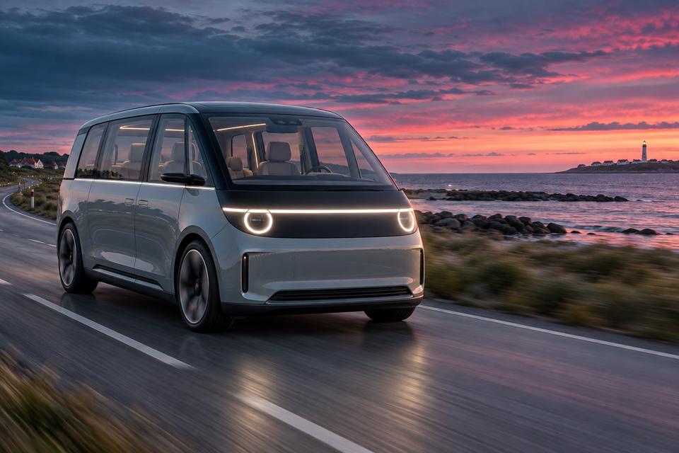 Generisk elektrisk familiebus i bevægelse på en dansk kystvej ved solnedgang