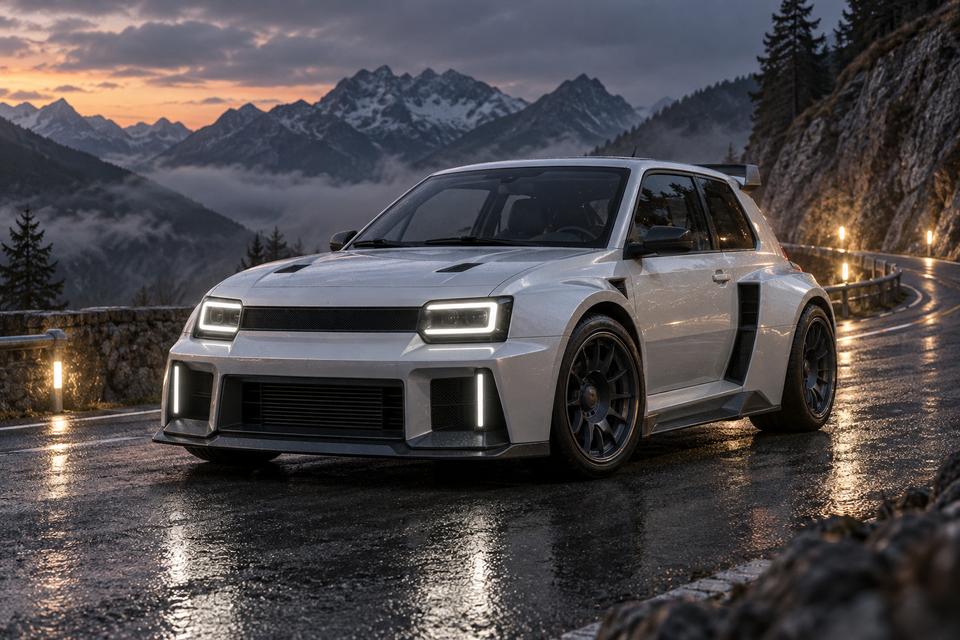 Hvid umærket elektrisk performance-hatchback på en våd bjergvej