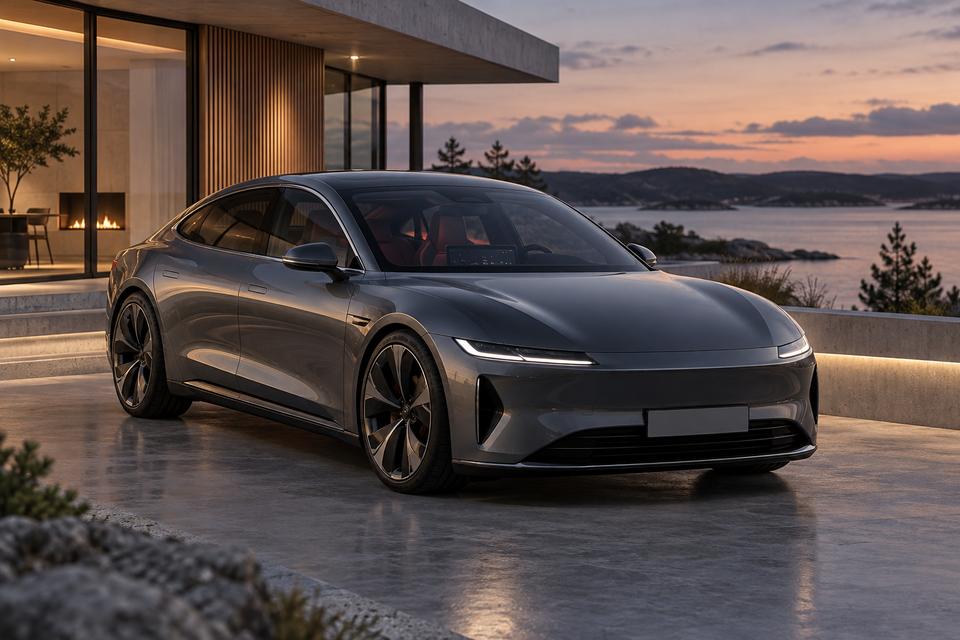 Generisk grå elektrisk sportsedan foran et moderne skandinavisk hus ved solnedgang