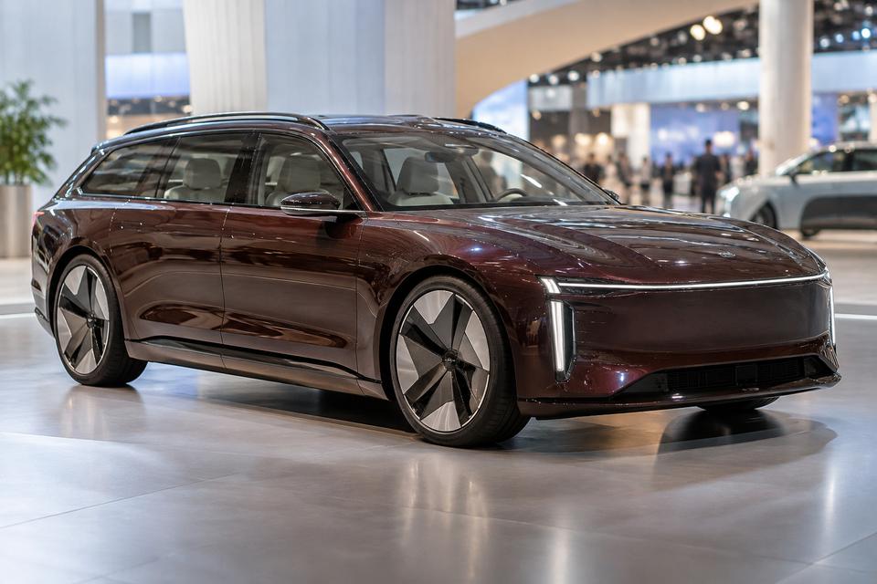 Lav mørkerød umærket elektrisk stationcar på en moderne biludstilling