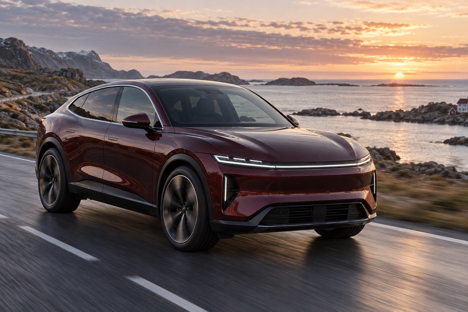 Mørkerød elektrisk SUV-coupé på en nordisk kystvej
