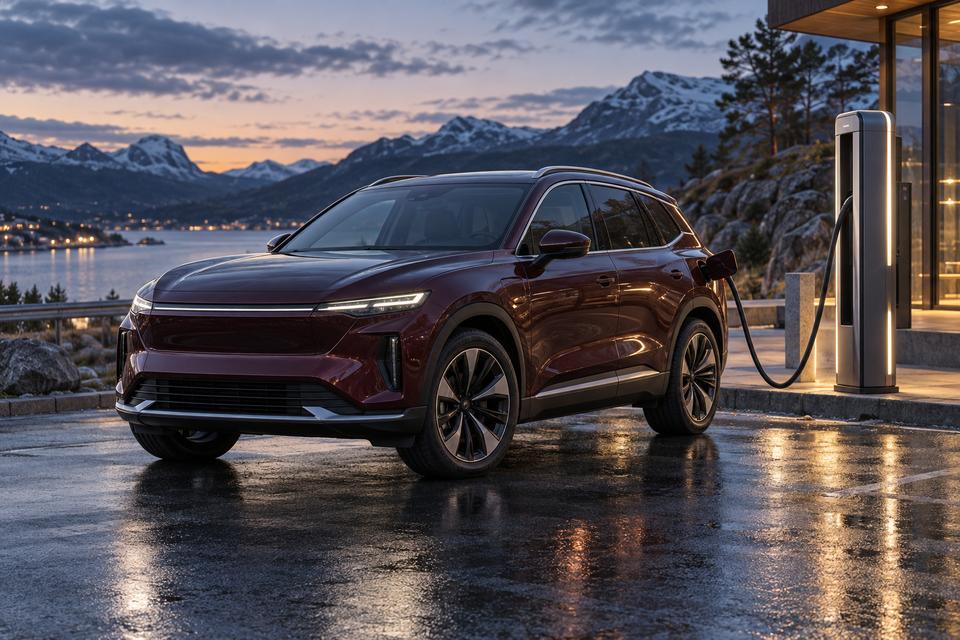 Mørkerød umærket elektrisk SUV ved en lynlader i nordisk landskab