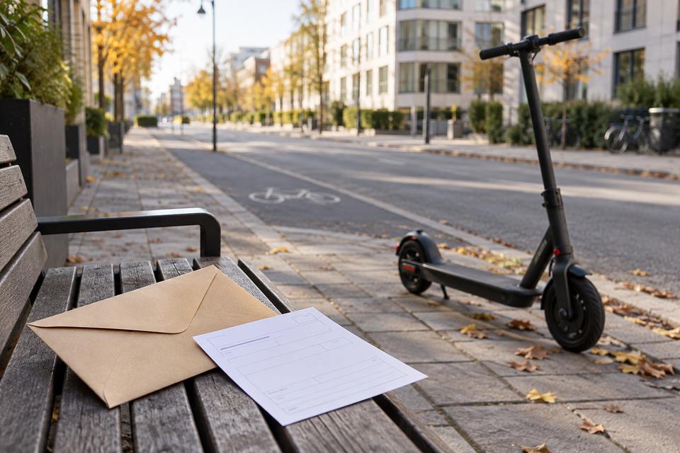 Elektrisk løbehjul ved en cykelsti med en neutral kuvert og formular på en bænk
