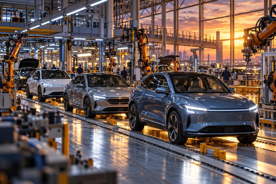 Generiske biler på samlebånd i en moderne europæisk bilfabrik