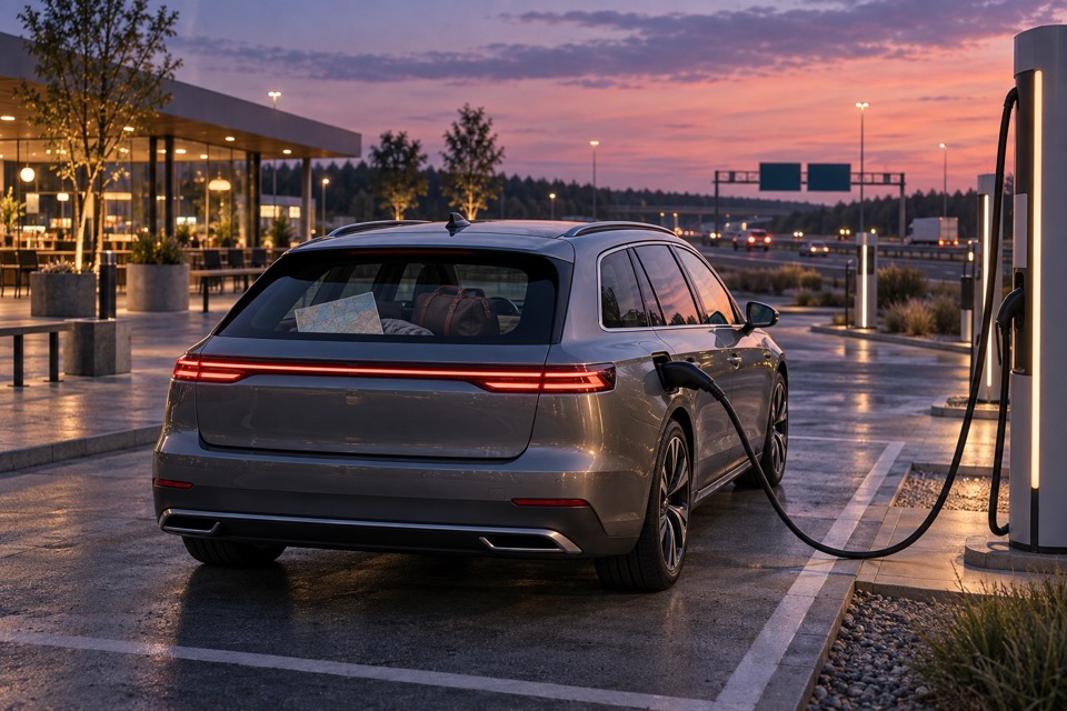 Umærket elbil lader ved en motorvejsstation under en europæisk rejse
