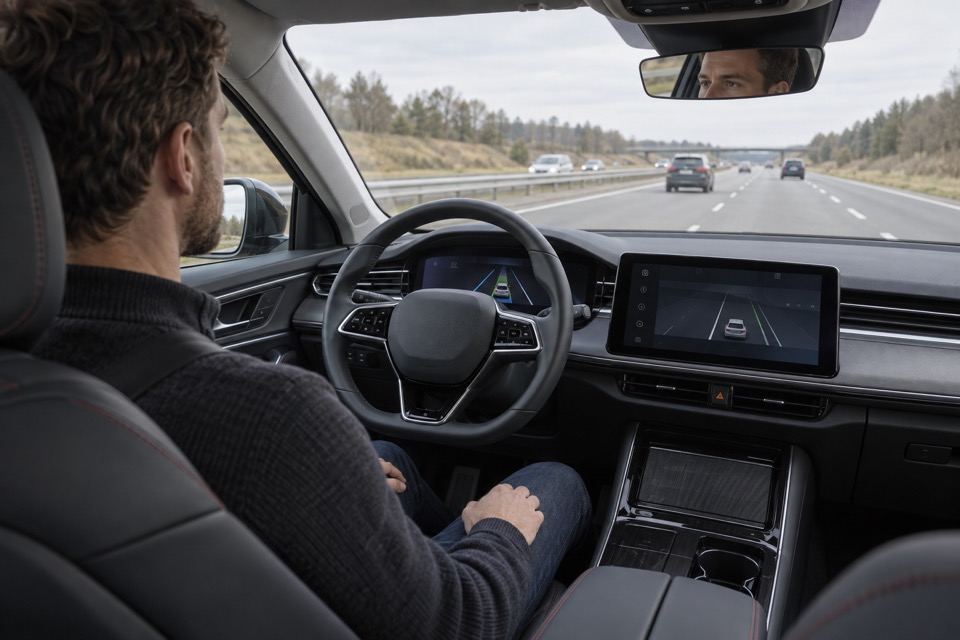 Opmærksom bilist med hænderne i skødet under assisteret motorvejskørsel
