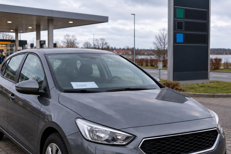En generisk benzinbil holder ved en tankstation med et brev synligt i forruden