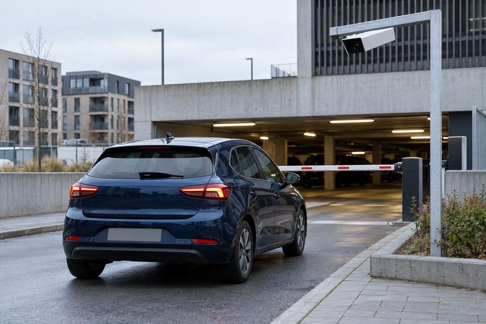 En generisk mørkeblå bil ved indkørslen til et kameraovervåget parkeringsanlæg