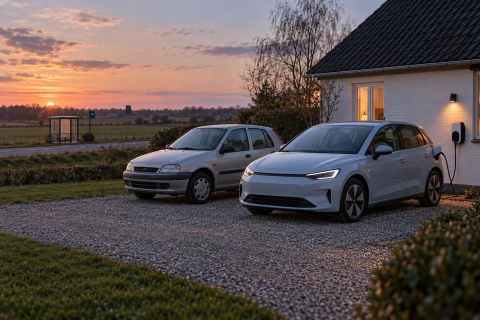 En ældre generisk benzinbil og en lille generisk elbil ved en dansk landbolig