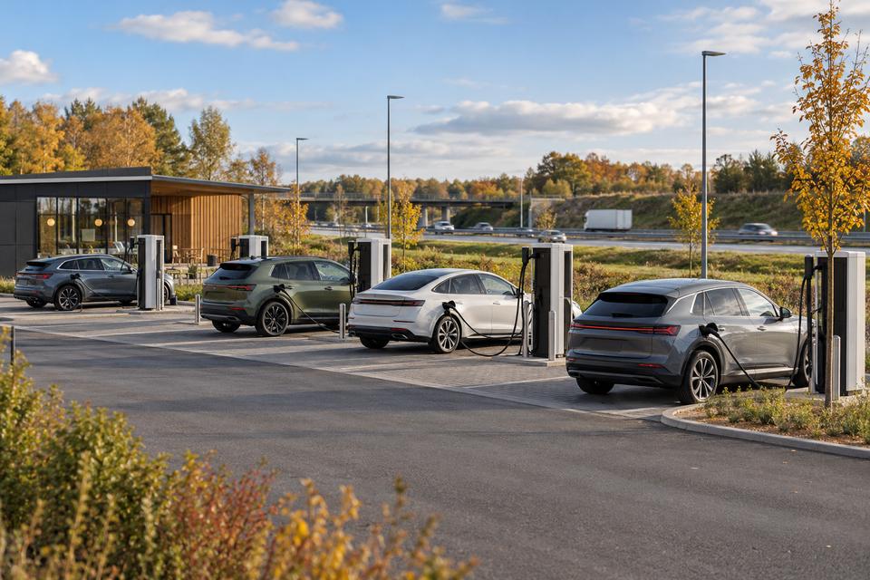 Flere generiske elbiler ved en stor umærket lynladestation tæt på en motorvej