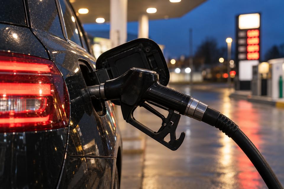 En generisk dieselbil tankes på en moderne tankstation om aftenen