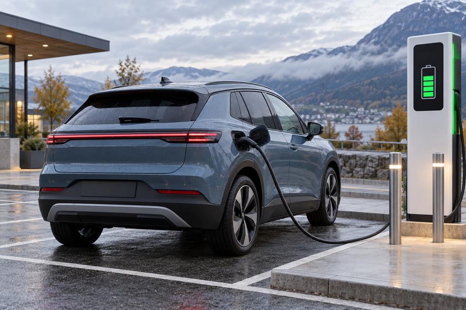 En generisk elektrisk crossover oplader ved en ladestander med et næsten fyldt batterisymbol
