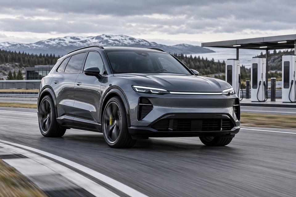 En generisk elektrisk performance-SUV på en testbane med lynladere i baggrunden