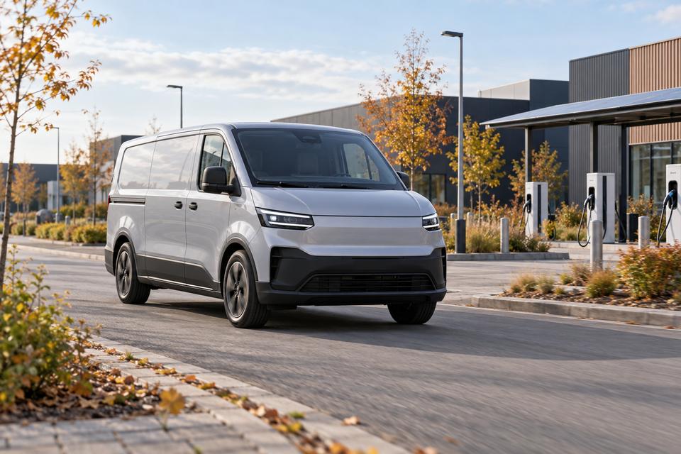 En generisk elektrisk varebil i et moderne dansk erhvervskvarter