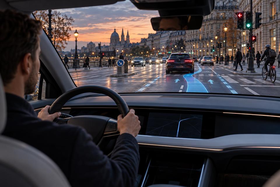 En opmærksom fører følger en generisk navigationslinje gennem tæt europæisk bytrafik