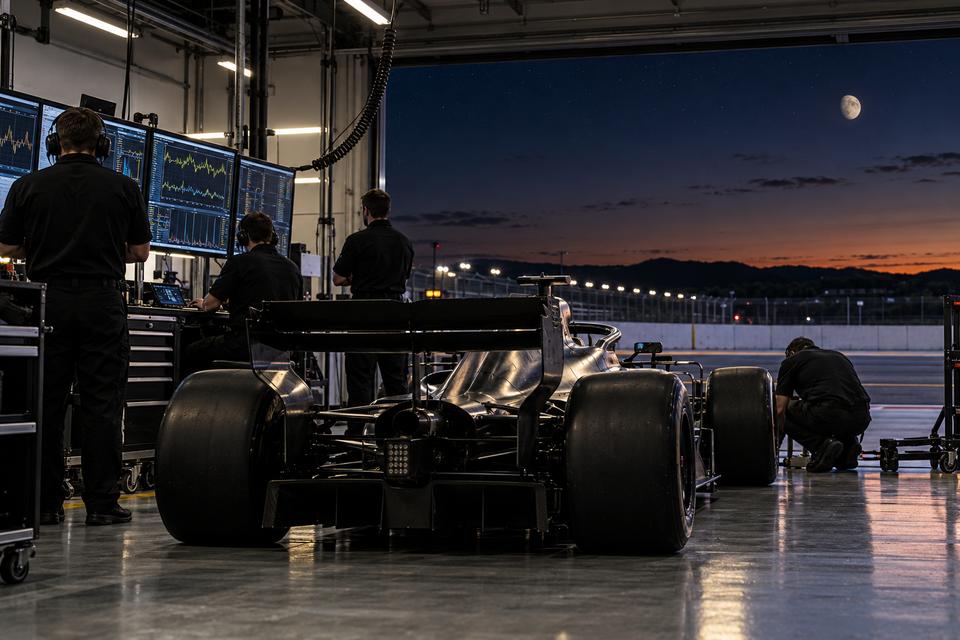 En generisk formelbil står i en pitgarage, mens et anonymt hold følger data under Månen