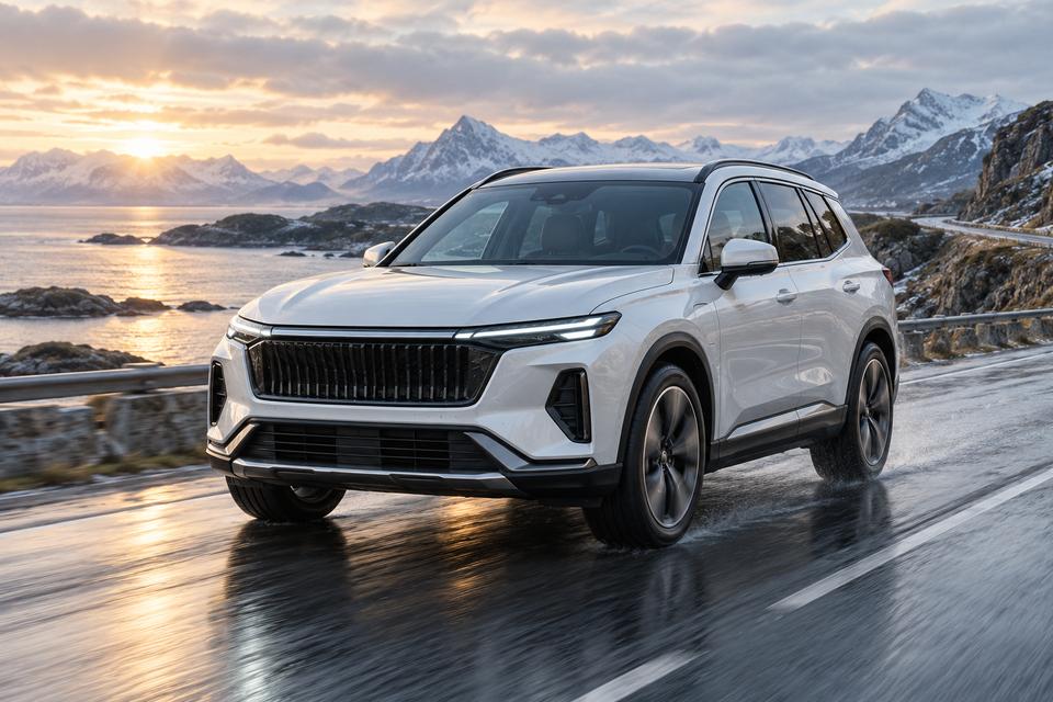 En generisk hvid pluginhybrid-SUV kører på en våd nordisk kystvej