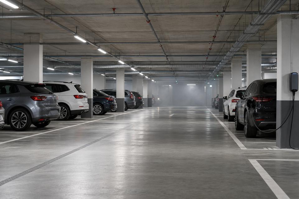 Et generisk underjordisk parkeringsanlæg med parkerede biler og let røg i baggrunden