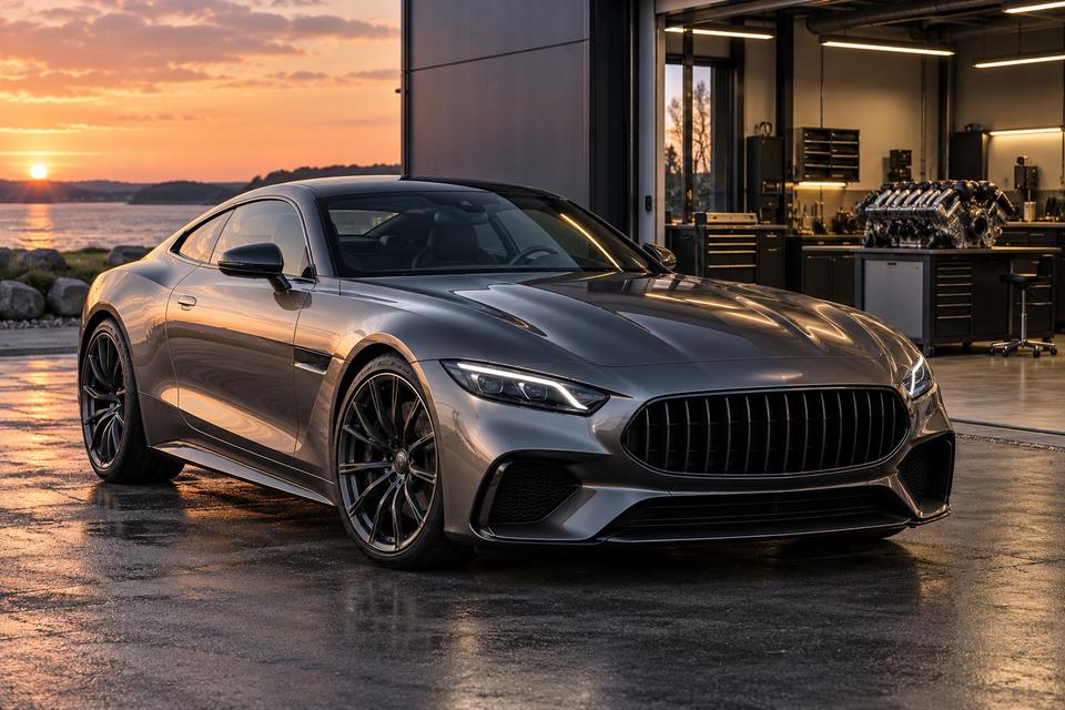 En generisk mørkegrå performancecoupé foran et motorværksted ved solnedgang
