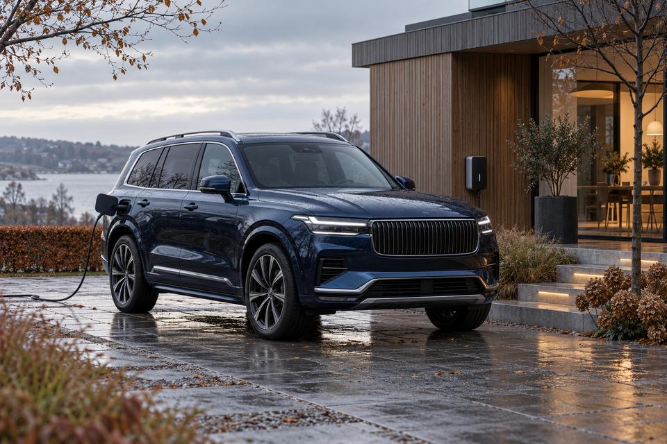 En generisk mørkeblå stor pluginhybrid-SUV lader ved et nordisk hjem