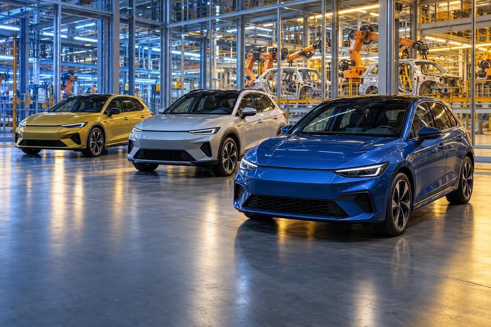 Tre generiske biler foran en moderne europæisk bilfabrik
