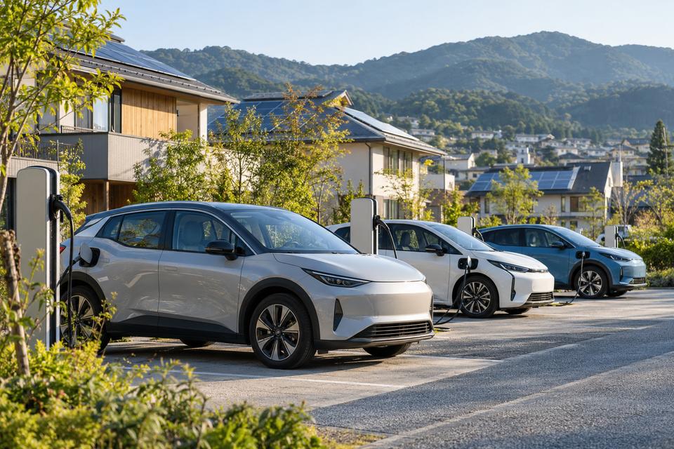 Generiske elbiler ved ladepunkter i et moderne boligområde