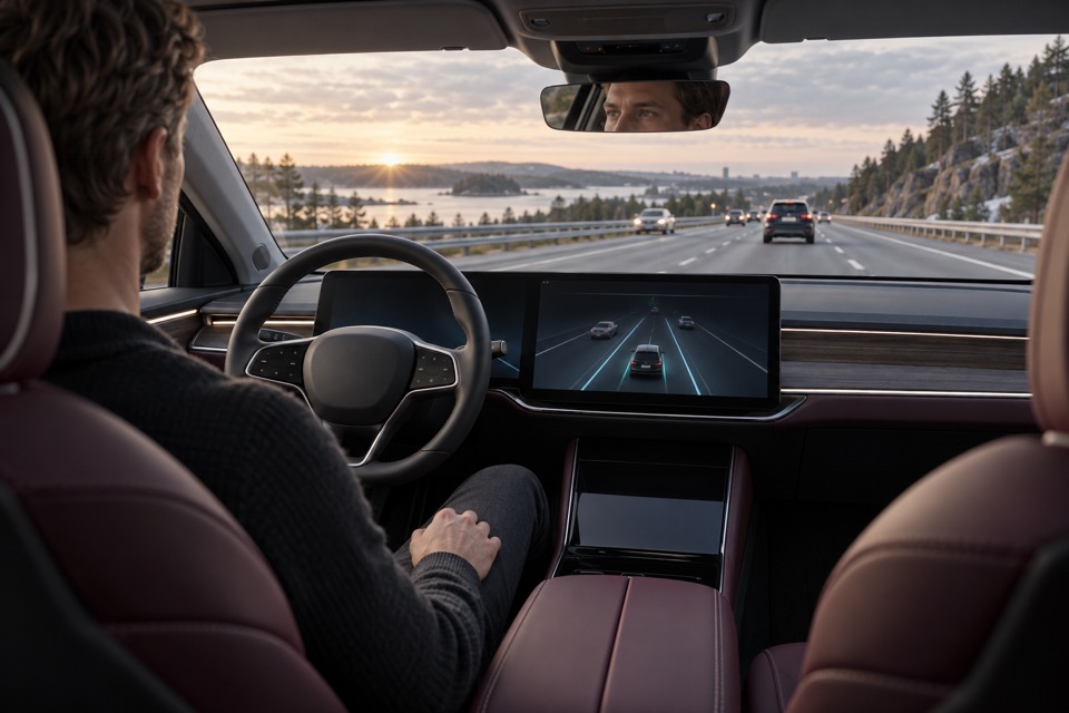 Opmærksom fører i en moderne bil med aktiv vognbaneføring på motorvej