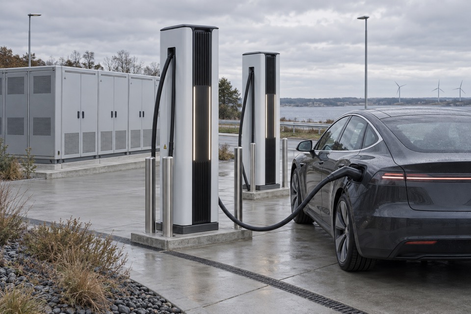 Elbil ved en høj ladestation med batteriskabe i baggrunden