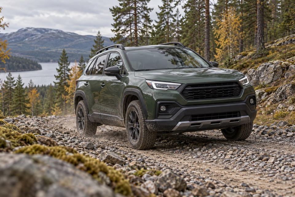 Grøn kompakt SUV på en stenet skovvej
