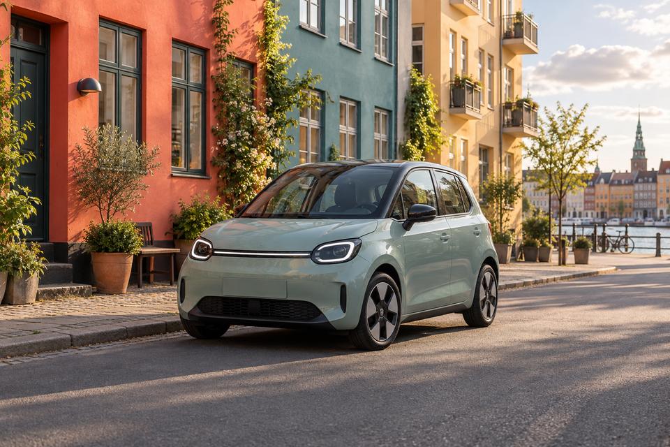 Lille umærket elektrisk bybil på en farverig københavnsk gade