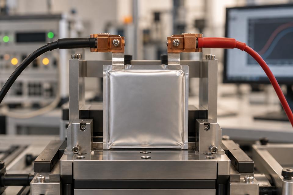 En flad battericelle tilsluttet måleudstyr i et laboratorium