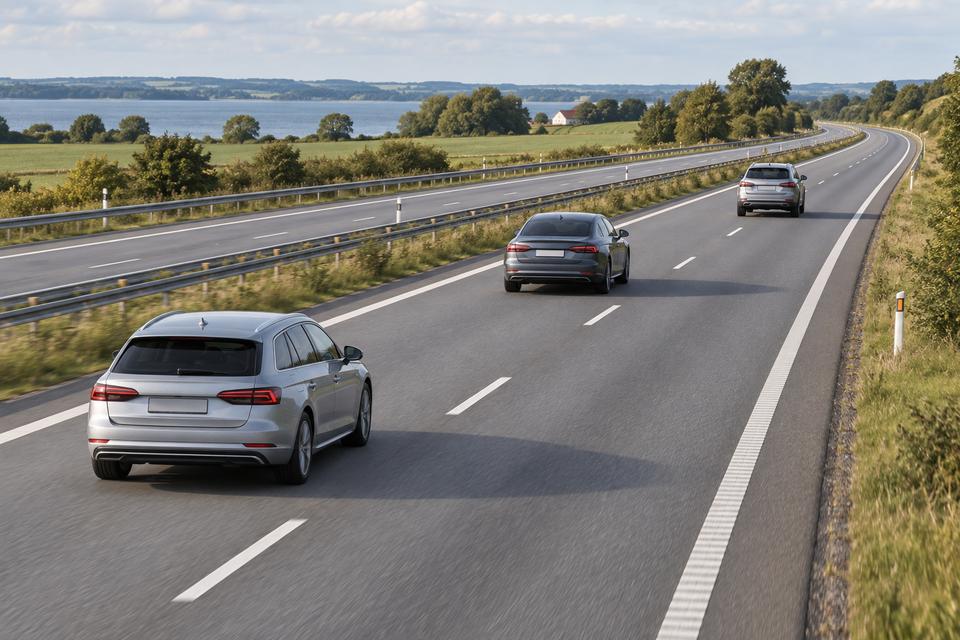 Biler med afstand mellem sig på en motorvej i dagslys