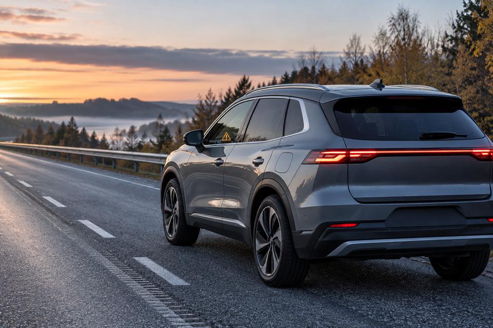 Umærket plugin-hybrid-SUV holder sikkert i vejsiden med en advarselslampe i kabinen
